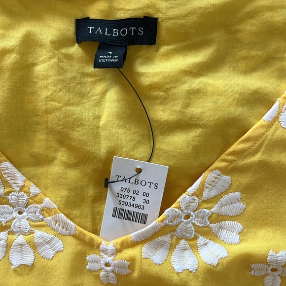 Talbots Yellow & White Embroidered Short Sleeve Belted Top Size 4 - Picture 2 of 3